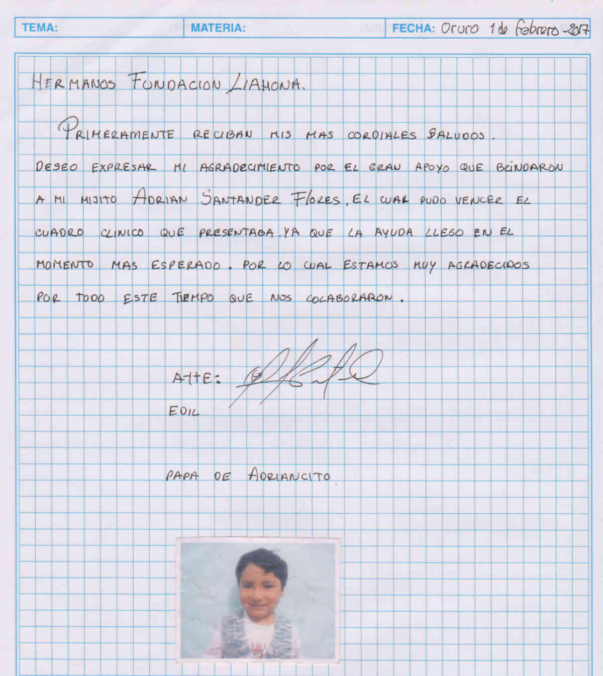 Oruro 3 10 17 Adrian Romero Thank You Letter