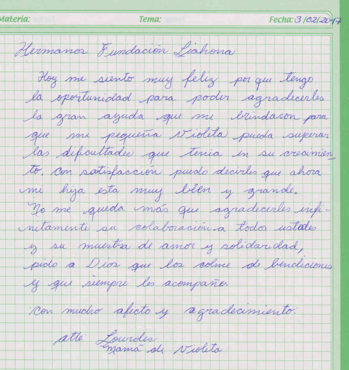 Oruro 3 10 17 Violeta Aliaza Thank You Letter